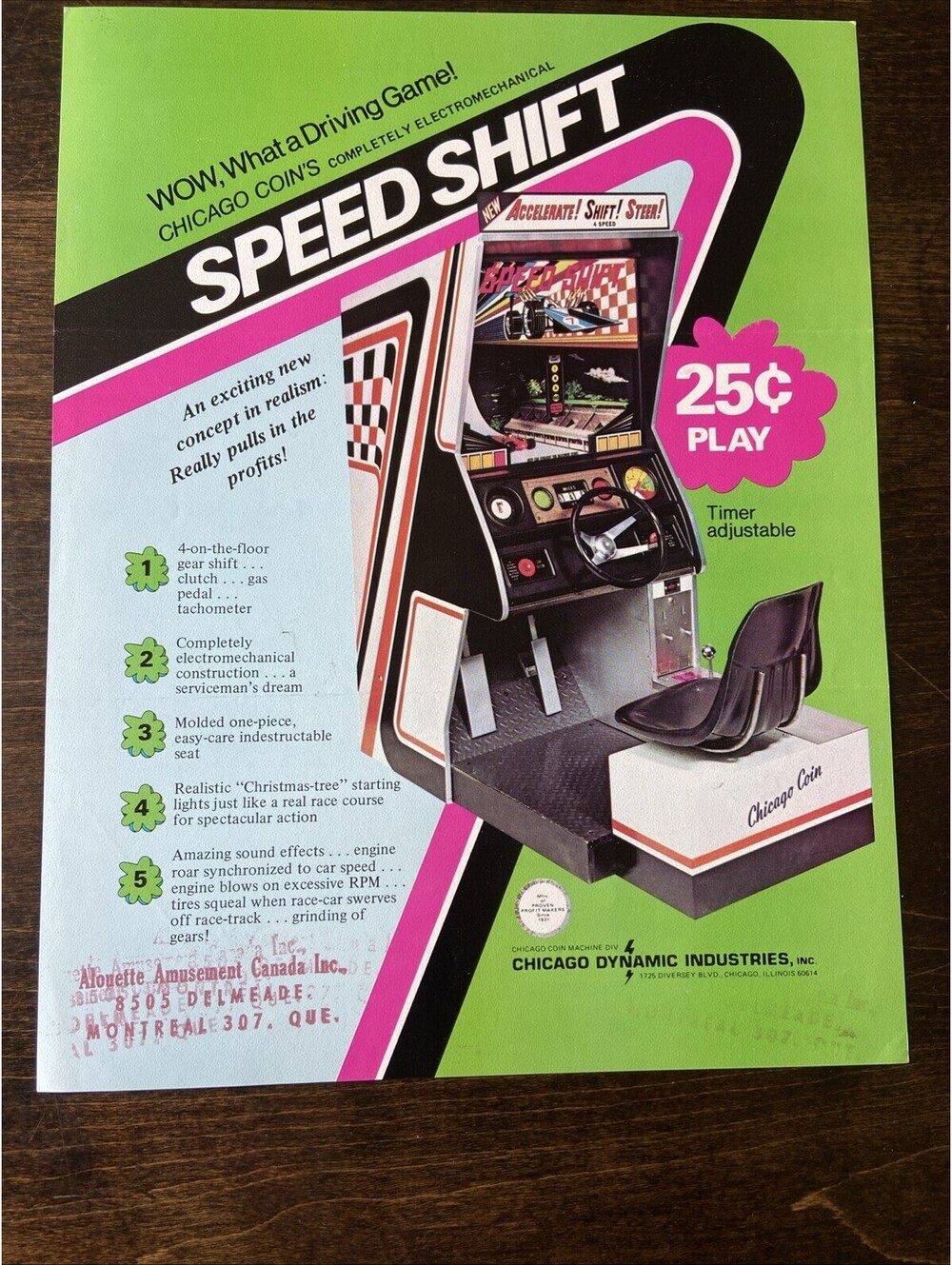 Speed Shift Video Arcade Machine Flyer Ad 1974 Brochure Chicago Coin Machine